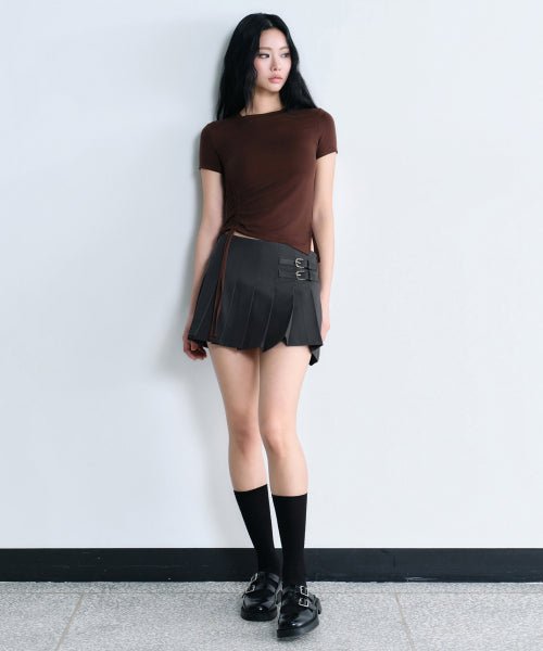 WOMENS LOW RISE BUCKLE PLEATS MINI SKIRT #韓韶禧同款! - 3 COLORS GREY