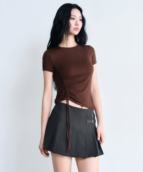 WOMENS LOW RISE BUCKLE PLEATS MINI SKIRT #韓韶禧同款! - 3 COLORS GREY
