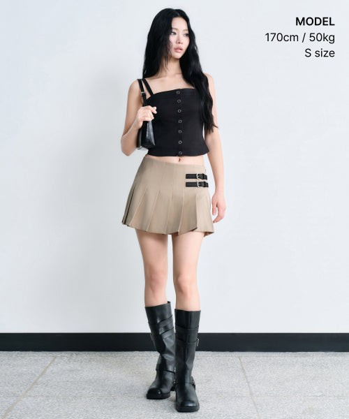 WOMENS LOW RISE BUCKLE PLEATS MINI SKIRT #韓韶禧同款! - 3 COLORS BEIGE