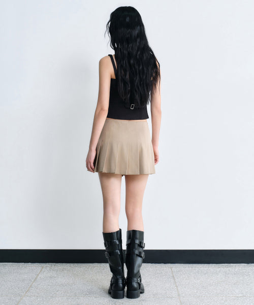 WOMENS LOW RISE BUCKLE PLEATS MINI SKIRT #韓韶禧同款! - 3 COLORS BEIGE
