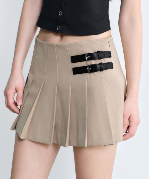 WOMENS LOW RISE BUCKLE PLEATS MINI SKIRT #韓韶禧同款! - 3 COLORS BEIGE