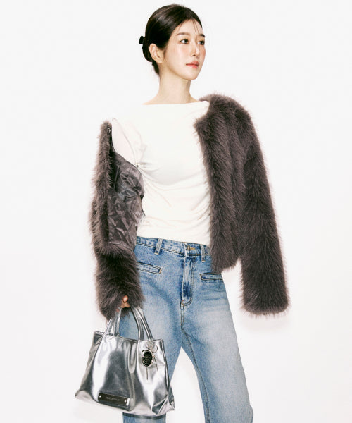 CRYSTAL FAUX LEATHER TOTE BAG #徐睿知同款! - 3 COLORS SILVER