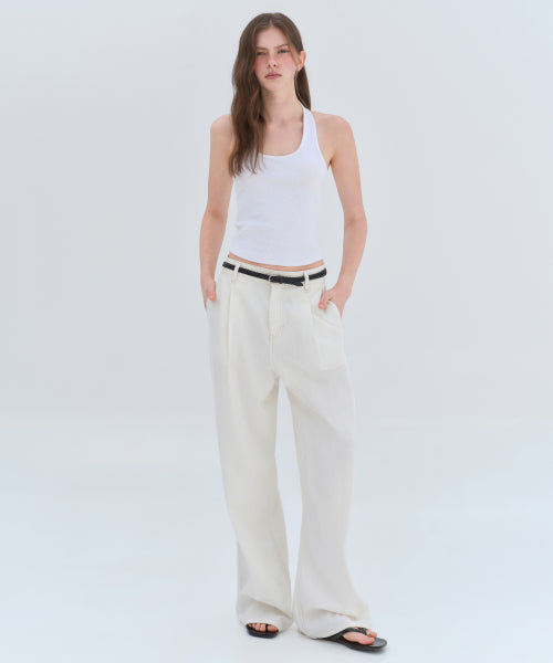 WOMENS TENCEL ONE TUCK EXTRA WIDE DENIM PANTS #韓韶禧同款! - 3 COLORS CREAM