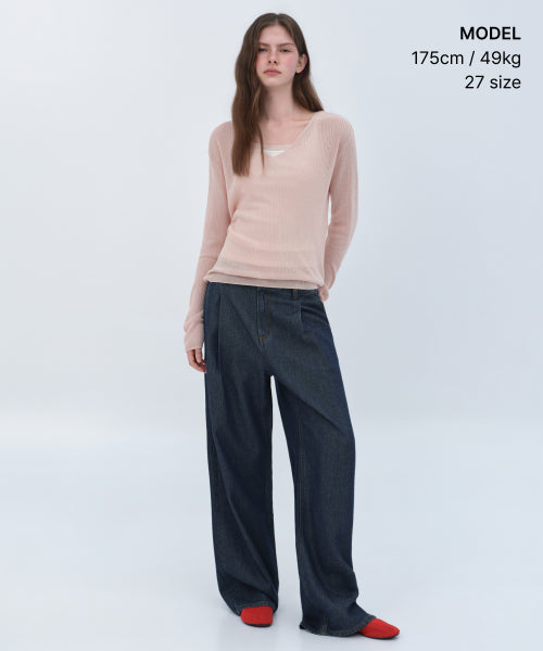 WOMENS TENCEL ONE TUCK EXTRA WIDE DENIM PANTS #韓韶禧同款! - 3 COLORS INDIGO