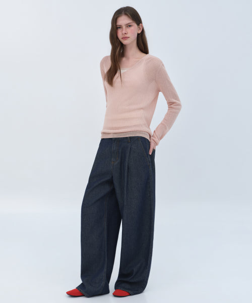 WOMENS TENCEL ONE TUCK EXTRA WIDE DENIM PANTS #韓韶禧同款! - 3 COLORS INDIGO