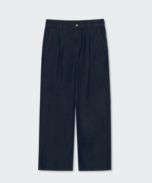 WOMENS TENCEL ONE TUCK EXTRA WIDE DENIM PANTS #韓韶禧同款! - 3 COLORS INDIGO