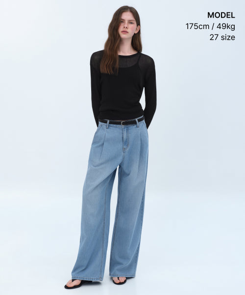 WOMENS TENCEL ONE TUCK EXTRA WIDE DENIM PANTS #韓韶禧同款! - 3 COLORS SKY BLUE