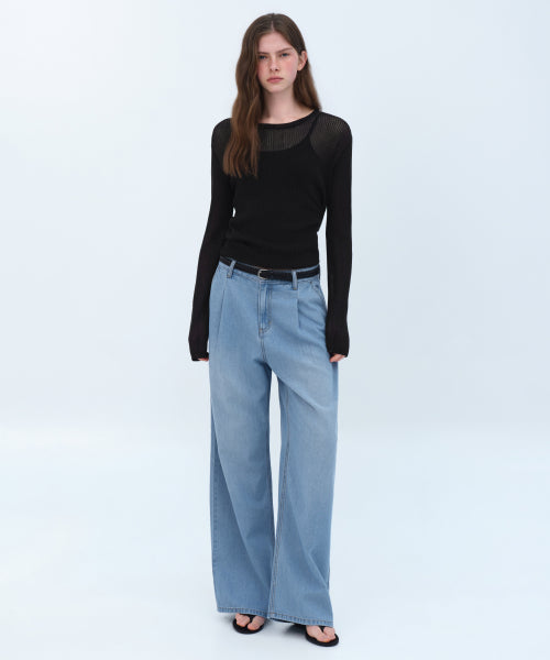 WOMENS TENCEL ONE TUCK EXTRA WIDE DENIM PANTS #韓韶禧同款! - 3 COLORS SKY BLUE