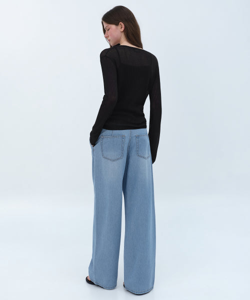 WOMENS TENCEL ONE TUCK EXTRA WIDE DENIM PANTS #韓韶禧同款! - 3 COLORS SKY BLUE