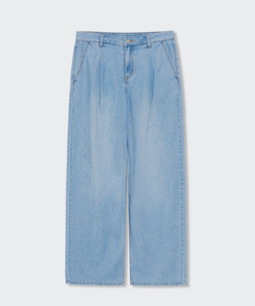 WOMENS TENCEL ONE TUCK EXTRA WIDE DENIM PANTS #韓韶禧同款! - 3 COLORS SKY BLUE