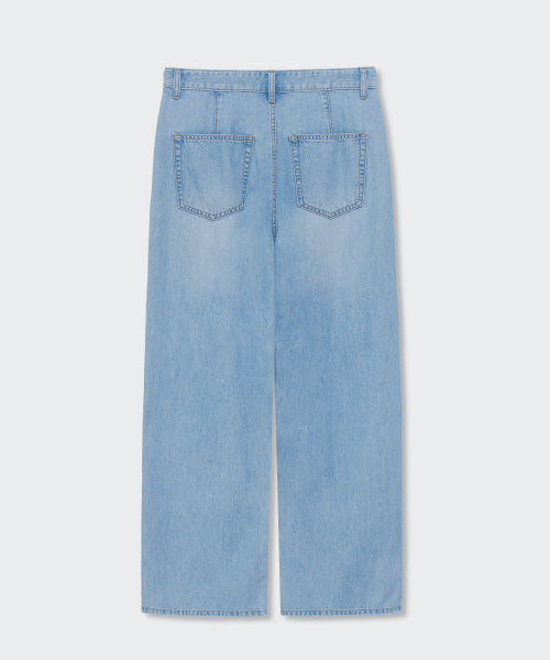 WOMENS TENCEL ONE TUCK EXTRA WIDE DENIM PANTS #韓韶禧同款! - 3 COLORS SKY BLUE