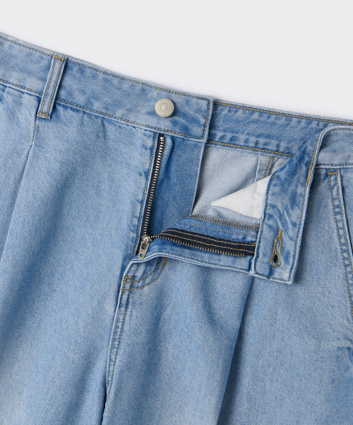 WOMENS TENCEL ONE TUCK EXTRA WIDE DENIM PANTS #韓韶禧同款! - 3 COLORS SKY BLUE