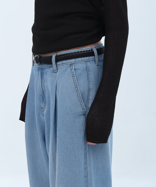 WOMENS TENCEL ONE TUCK EXTRA WIDE DENIM PANTS #韓韶禧同款! - 3 COLORS SKY BLUE