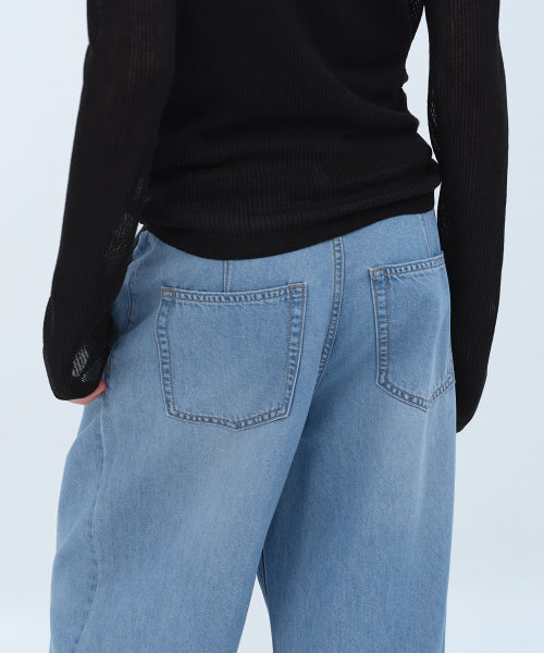 WOMENS TENCEL ONE TUCK EXTRA WIDE DENIM PANTS #韓韶禧同款! - 3 COLORS SKY BLUE