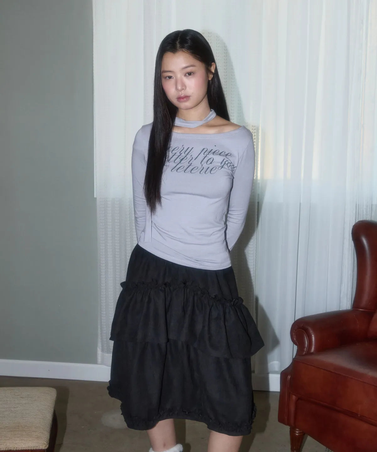 LETTERING OFF-SHOULDER TIE LONG SLEEVE - 3 colors