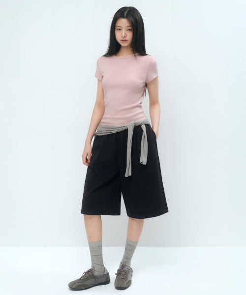 WOMENS ONE TUCK BERMUDA SWEAT PANTS #韓韶禧同款! - 4 COLORS BLACK