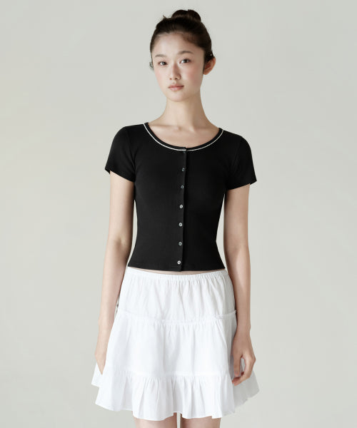 WOMENS LACE TRIM SHORT SLEEVE JERSEY CARDIGAN #韓韶禧同款! - 3 COLORS BLACK
