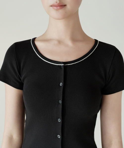 WOMENS LACE TRIM SHORT SLEEVE JERSEY CARDIGAN #韓韶禧同款! - 3 COLORS BLACK