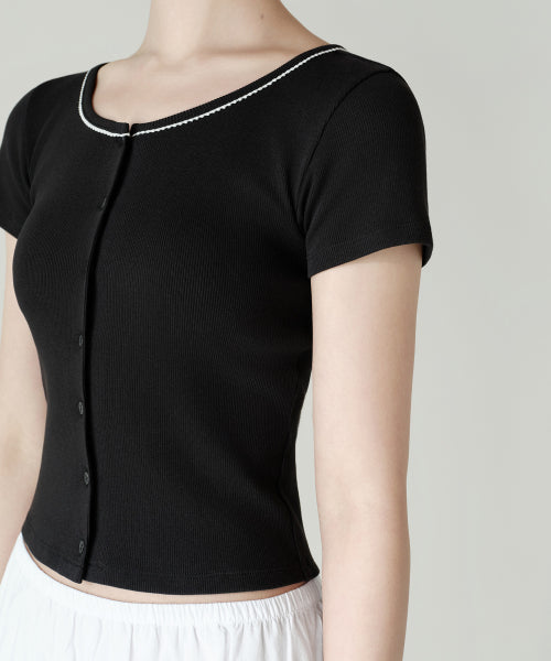WOMENS LACE TRIM SHORT SLEEVE JERSEY CARDIGAN #韓韶禧同款! - 3 COLORS BLACK
