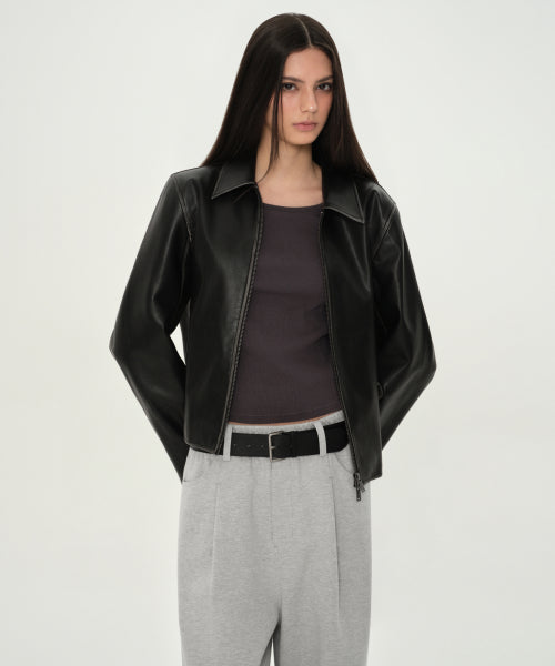 WOMENS FADED SYNTHETIC LEATHER SINGLE JACKET #韓韶禧同款! BLACK