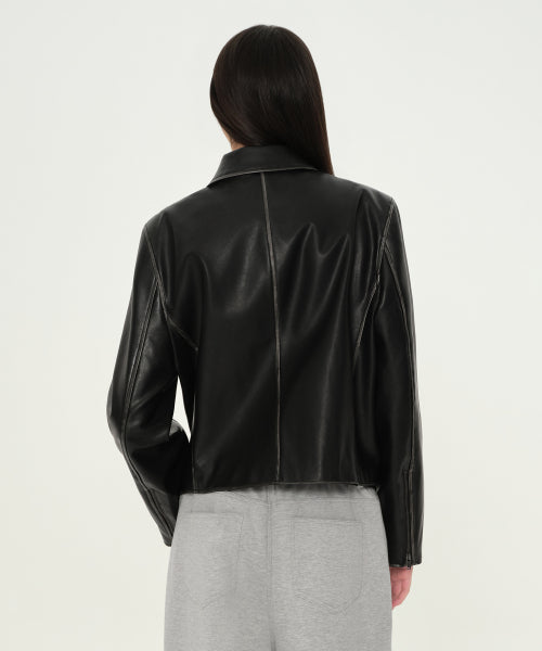 WOMENS FADED SYNTHETIC LEATHER SINGLE JACKET #韓韶禧同款! BLACK