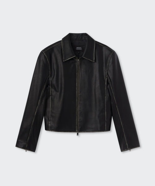 WOMENS FADED SYNTHETIC LEATHER SINGLE JACKET #韓韶禧同款! BLACK