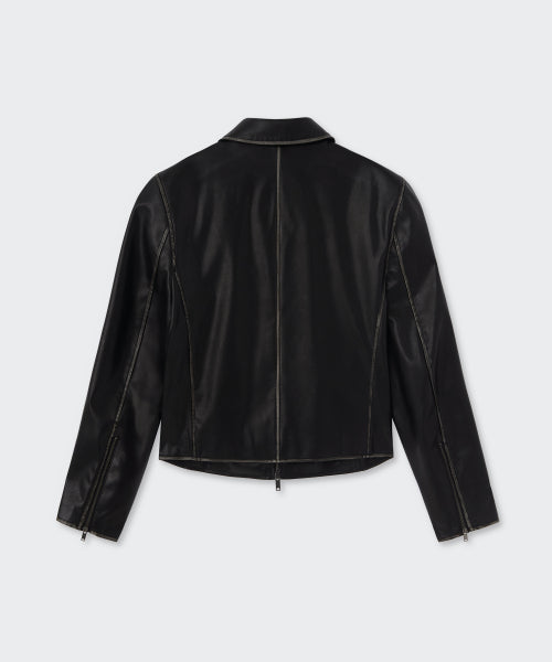 WOMENS FADED SYNTHETIC LEATHER SINGLE JACKET #韓韶禧同款! BLACK