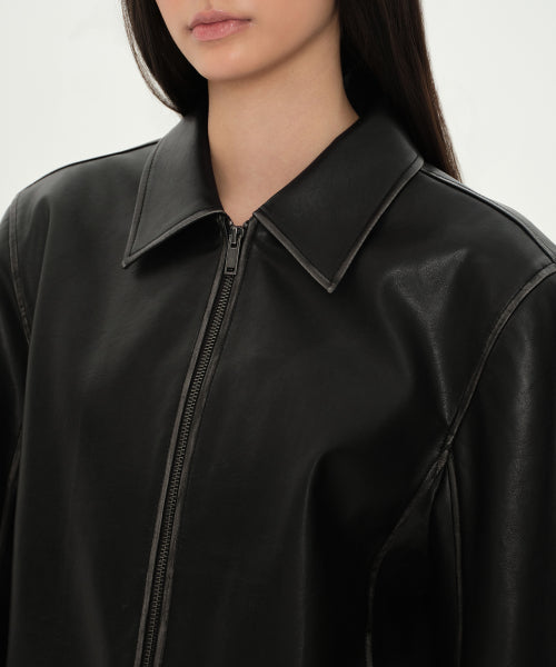 WOMENS FADED SYNTHETIC LEATHER SINGLE JACKET #韓韶禧同款! BLACK
