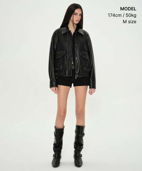 WOMENS FADED SYNTHETIC LEATHER AVIATOR JACKET #韓韶禧同款! BLACK