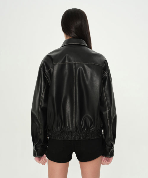 WOMENS FADED SYNTHETIC LEATHER AVIATOR JACKET #韓韶禧同款! BLACK