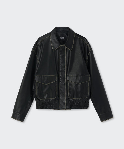 WOMENS FADED SYNTHETIC LEATHER AVIATOR JACKET #韓韶禧同款! BLACK
