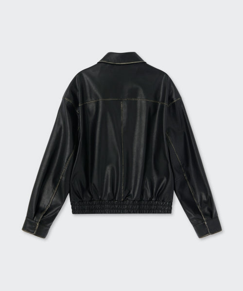 WOMENS FADED SYNTHETIC LEATHER AVIATOR JACKET #韓韶禧同款! BLACK