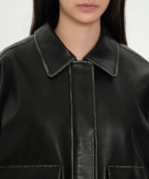 WOMENS FADED SYNTHETIC LEATHER AVIATOR JACKET #韓韶禧同款! BLACK
