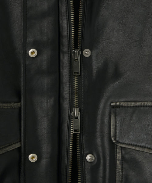 WOMENS FADED SYNTHETIC LEATHER AVIATOR JACKET #韓韶禧同款! BLACK