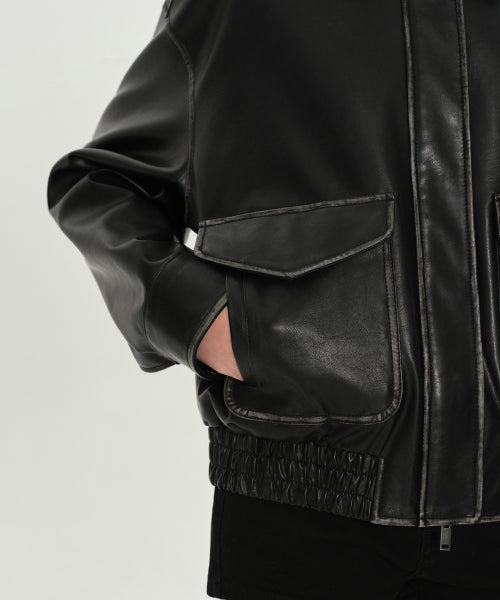 WOMENS FADED SYNTHETIC LEATHER AVIATOR JACKET #韓韶禧同款! BLACK