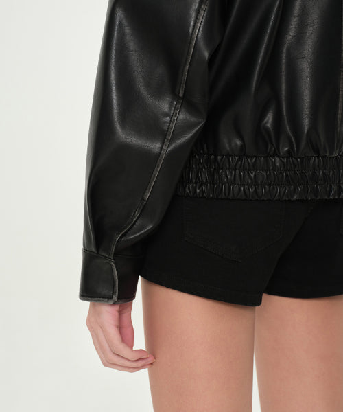 WOMENS FADED SYNTHETIC LEATHER AVIATOR JACKET #韓韶禧同款! BLACK