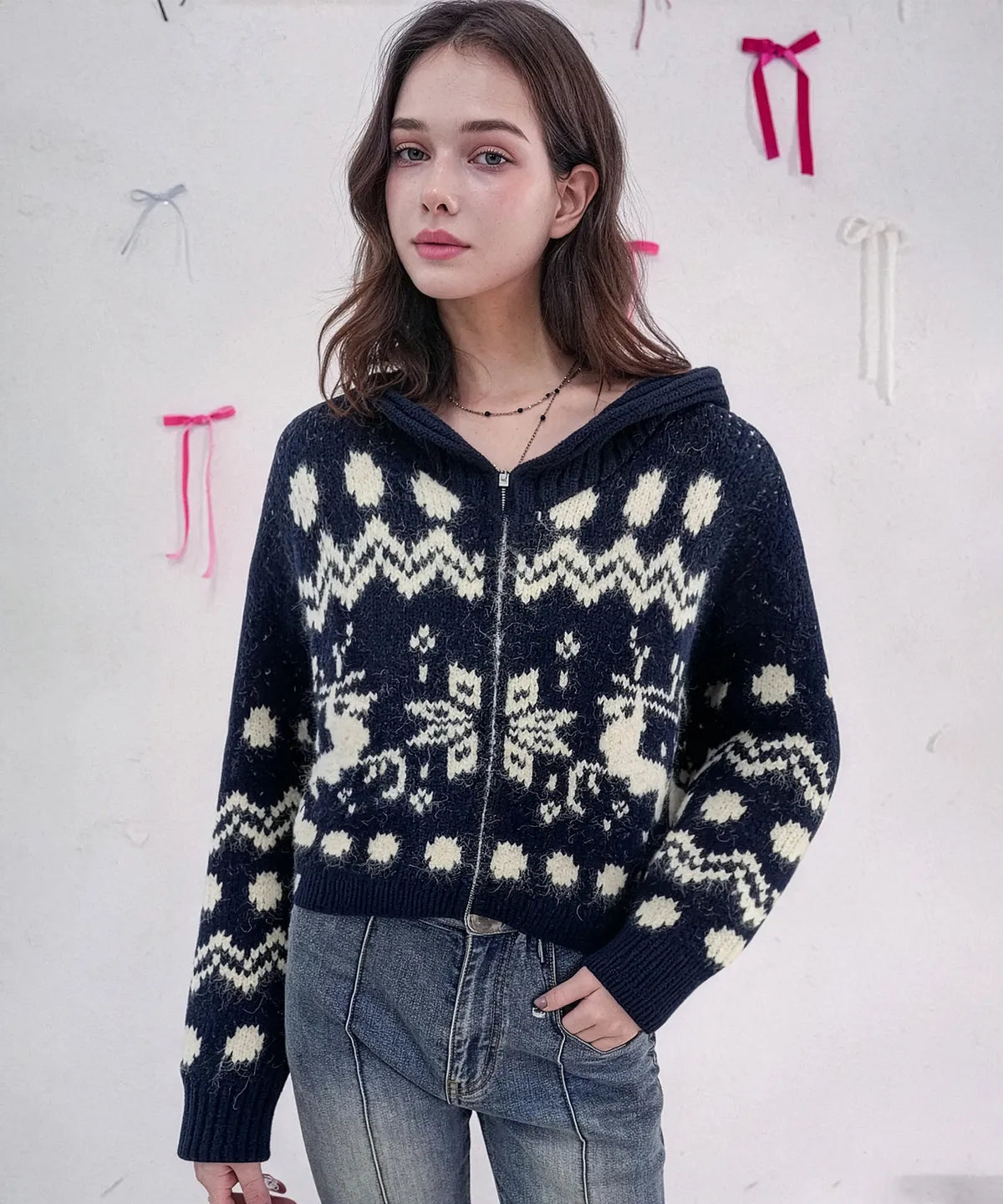 Reindeer Knit Hood Zip-up_3Colors