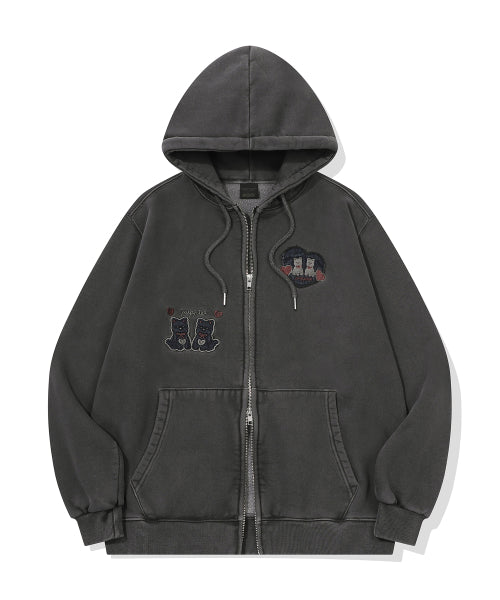 2-WAY HEART PUPPY PATCH HOOD ZIP-UP - 2 COLORS BLACK