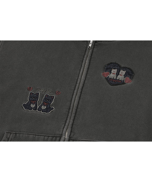 2-WAY HEART PUPPY PATCH HOOD ZIP-UP - 2 COLORS BLACK