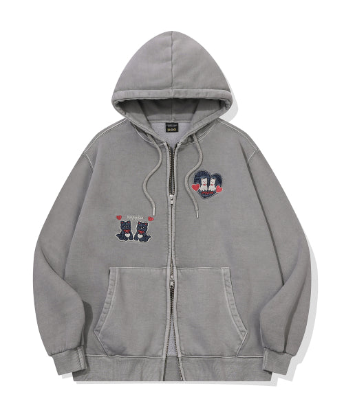 2-WAY HEART PUPPY PATCH HOOD ZIP-UP - 2 COLORS DARK GREY