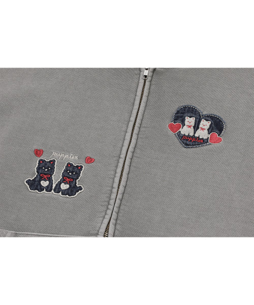 2-WAY HEART PUPPY PATCH HOOD ZIP-UP - 2 COLORS DARK GREY