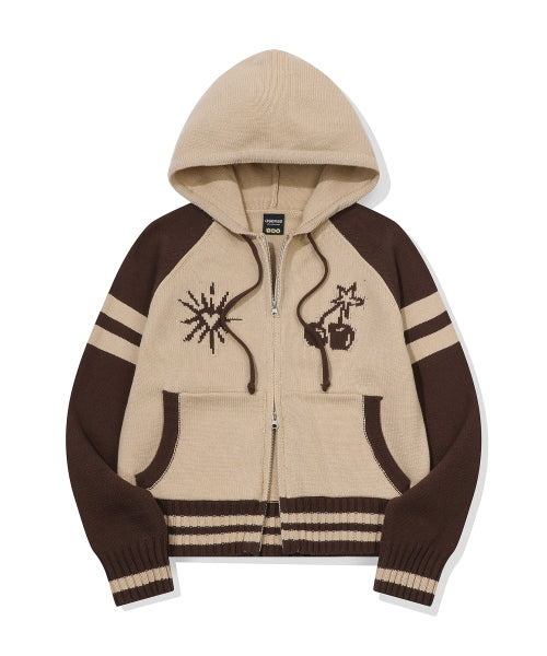 2-WAY CHERRY HOOD KNIT ZIP-UP - 2 COLORS BROWN
