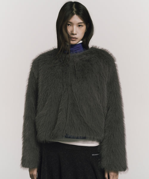 SOFT FUR CROPPED JACKET #徐睿知同款! - 2 COLORS CHARCOAL
