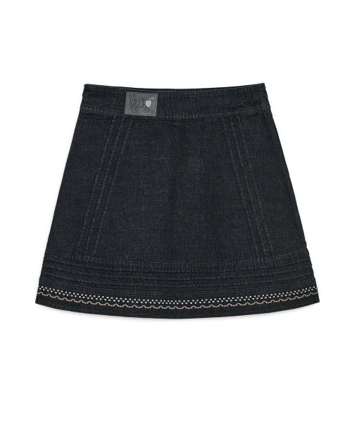 DENIM NEEDLEWORK MIDI SKIRT - 2 COLORS BLACK