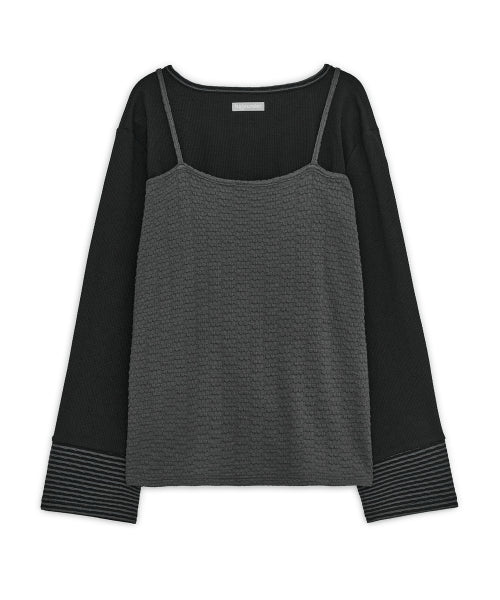 PRINT LAYERED HENLEY NECK TEE - 2 COLORS BLACK