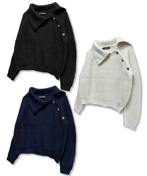 COLLAR CROSS BUTTON KNIT - 3 COLORS IVORY