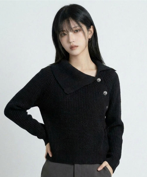 COLLAR CROSS BUTTON KNIT - 3 COLORS BLACK