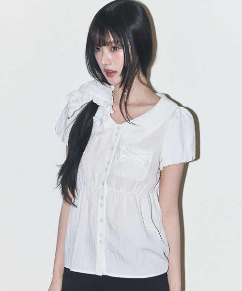 RIBBON PUFF BLOUSE - 3 COLORS WHITE
