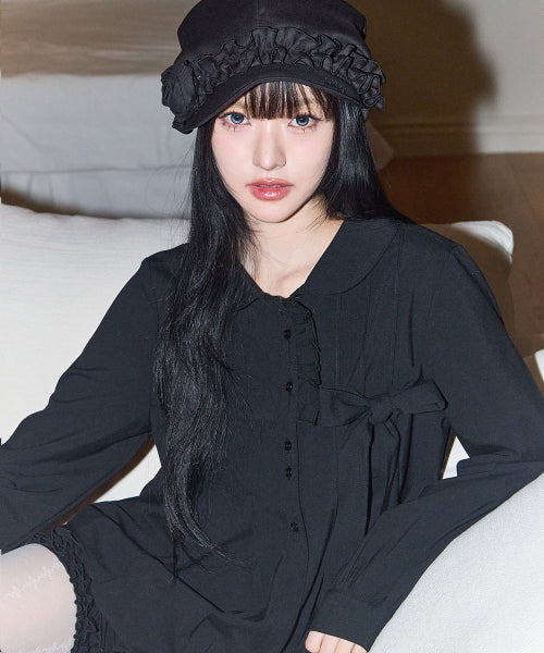 RIBBON PLEATS BLOUSE GREY - 3 COLORS BLACK