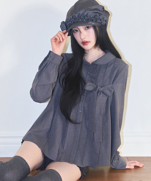 RIBBON PLEATS BLOUSE GREY - 3 COLORS GREY
